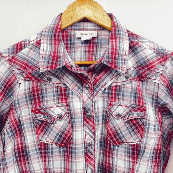 Ariat Steel Snap Studded Shirt Womens L Red Plaid Western Flannel Long Sleeves - Picture 4 of 7